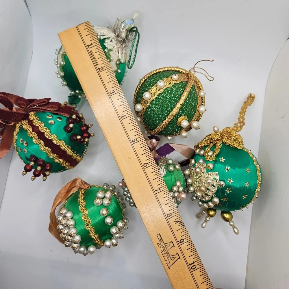 6 Vintage Handmade Satin Beaded Christmas Ball Ornaments Green Gold Pearl